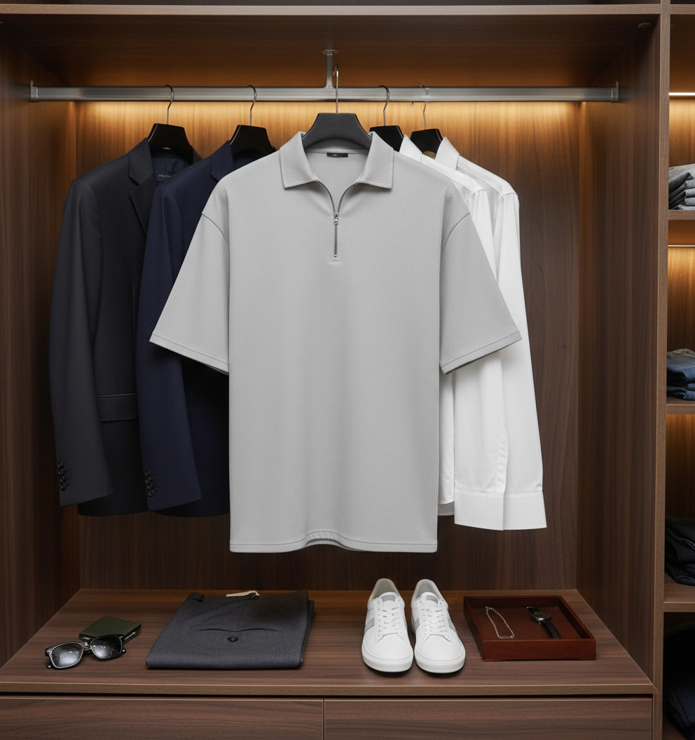 تیشرت مردانه یقه زیپ دار طوسی مدل Arban