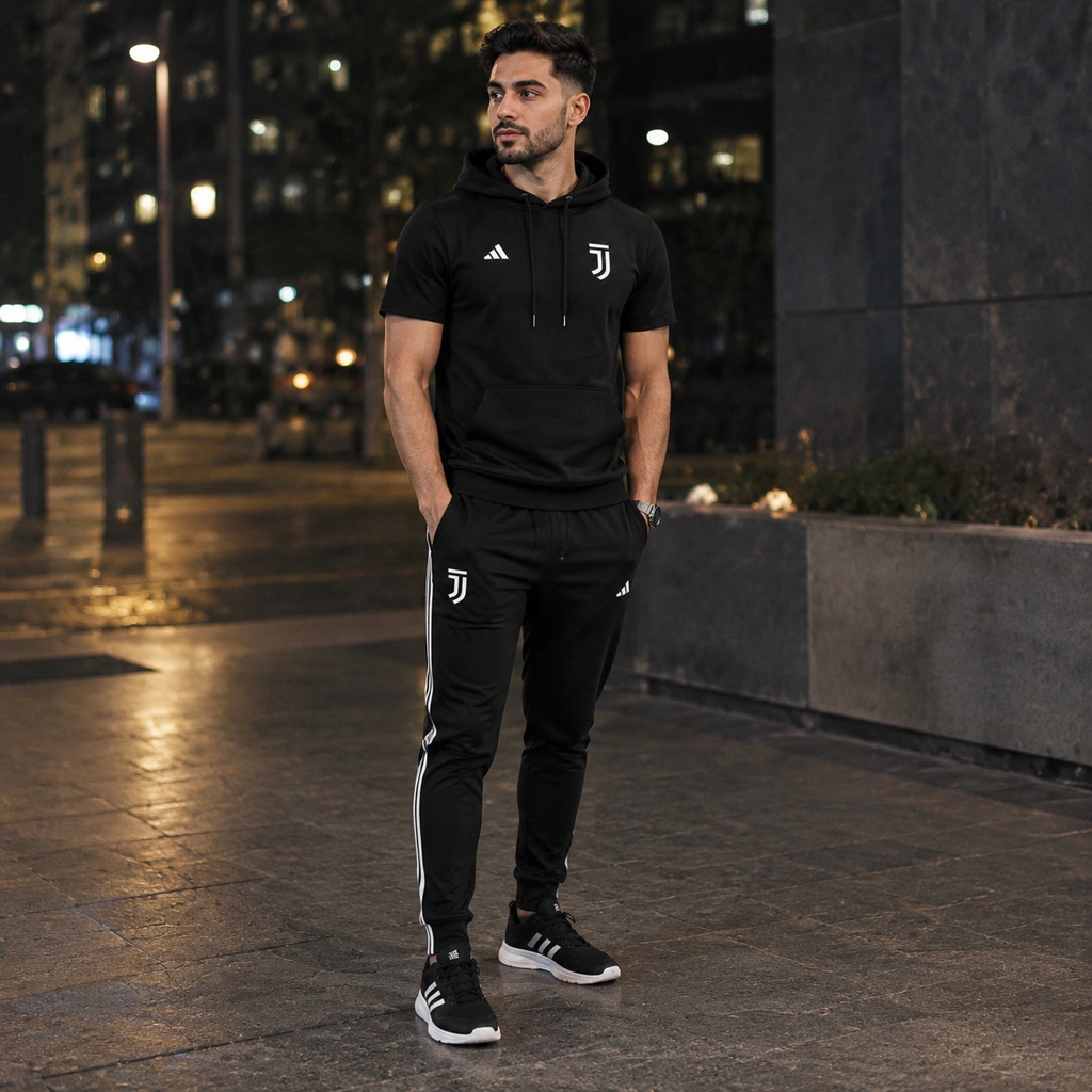 پکیج ست تیشرت کلاهدار و شلوار مردانه مدل Juventus  کفش ورزشی مردانه مدل Alshen