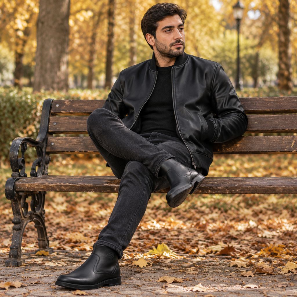 پکیج کت چرم مردانه مدل Artim  نیم بوت مردانه مشکی مدل Radvin