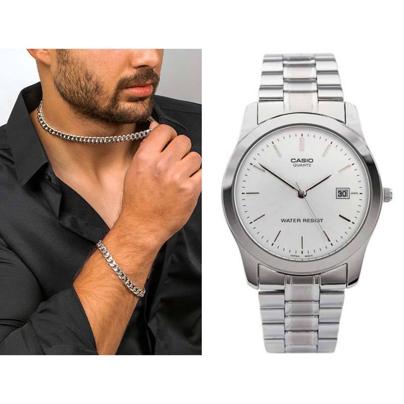 پکیج نیم ست Cartier  ساعت Casio مدل Edmon نقره ای
