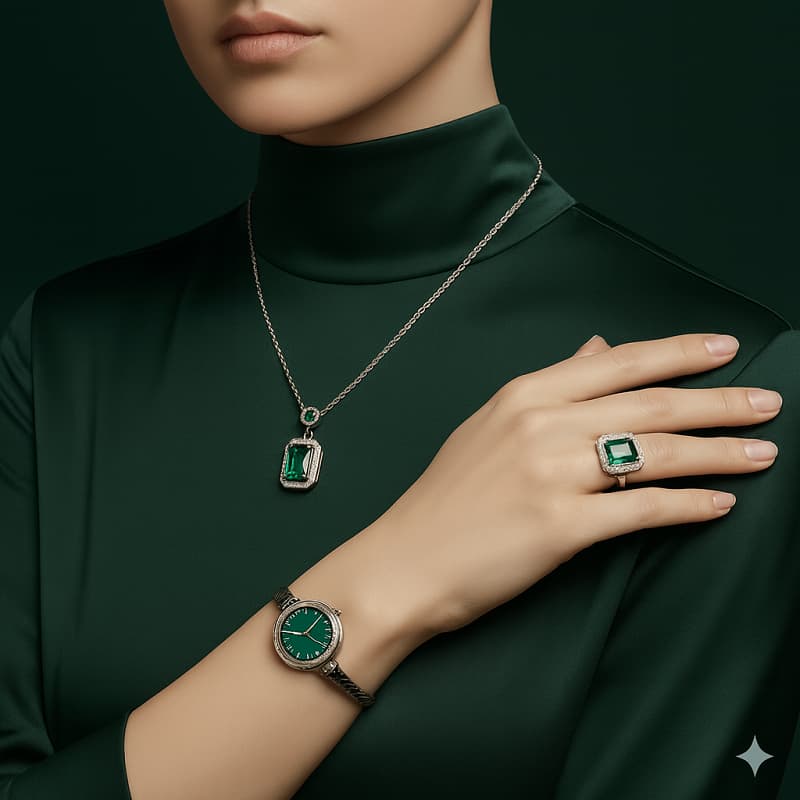 ست زنانه ساعت و گردنبند و انگشتر مدل زمرد-نقره ای