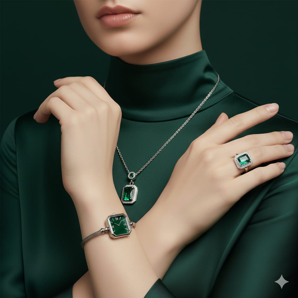 ست زنانه ساعت و گردنبند و انگشتر مدل زمرد-نقره ای
